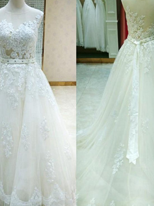 A-line Sheer Brush Train Organza Wedding Dress Lace