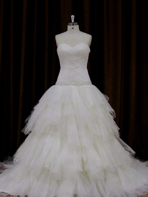 A-line Sweetheart Sweep Train Organza Bridal Dress Ruffles