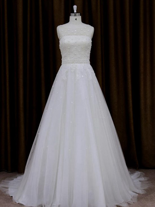 A-line Scoop Sweep Train Organza Wedding Dress Applique