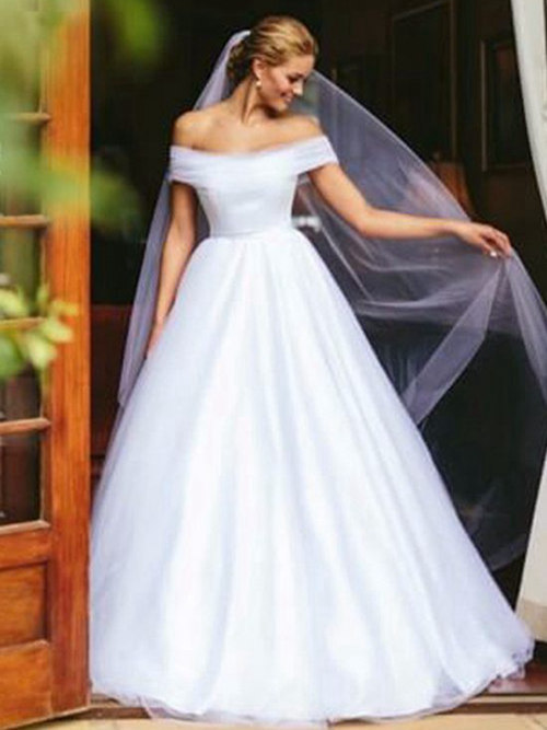 A-line Off Shoulder Sweep Train Organza Wedding Dress