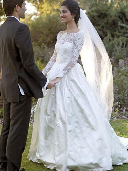 A-line Off Shoulder Court Train Lace Taffeta Wedding Dress