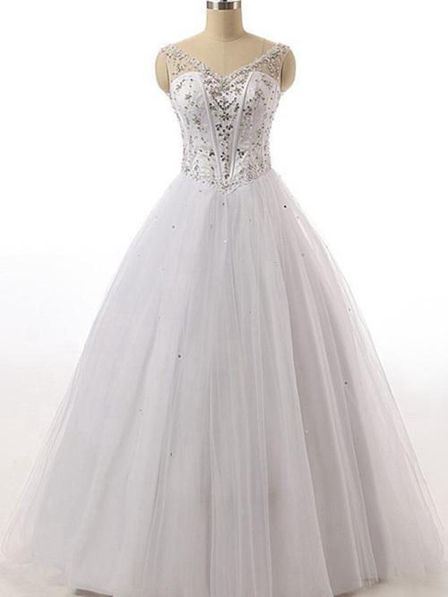 A-line V Neck Sweep Train Organza Bridal Gown Beading