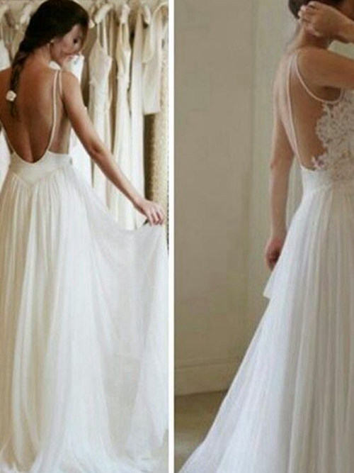 A-line V Neck Sweep Train Tulle Wedding Dress Lace