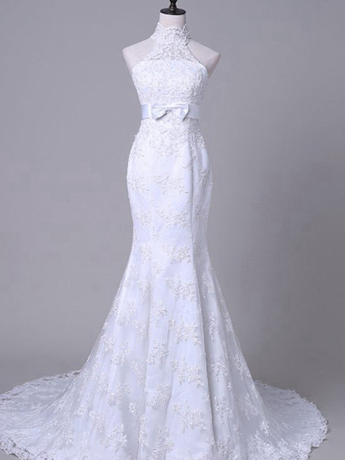 Mermaid High Neck Court Train Lace Wedding Gown Bowknot