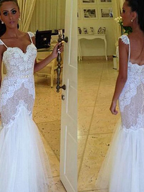 Mermaid Spaghetti Straps Floor Length Organza Wedding Dress Lace