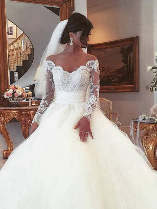 Princess Off Shoulder Sweep Train Organza Wedding Dress Lace