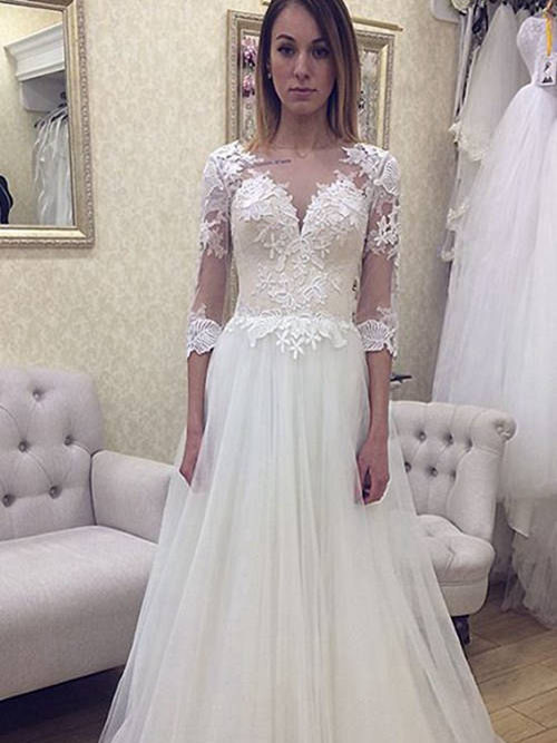 A-line Sheer Brush Train Organza Lace Wedding Dress