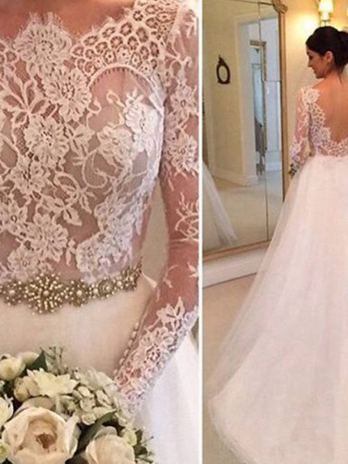 A-line Scoop Court Train Lace Organza Bridal Gown