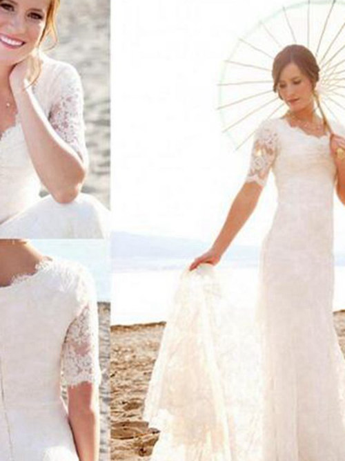 Mermaid V Neck Sweep Train Lace Bridal Gown Short Sleeves