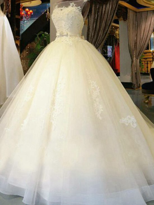 A-line Sheer Court Train Organza Bridal Dress Applique
