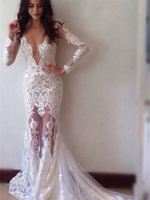 Mermaid V Neck Court Train Lace Wedding Dress
