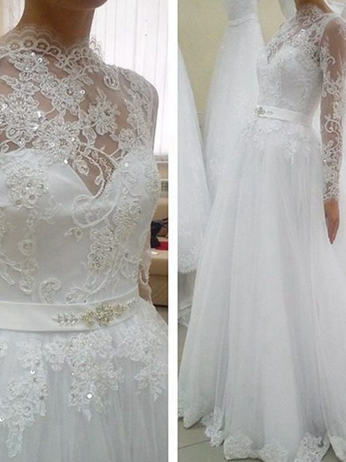 A-line High Neck Floor Length Organza Bridal Dress Lace