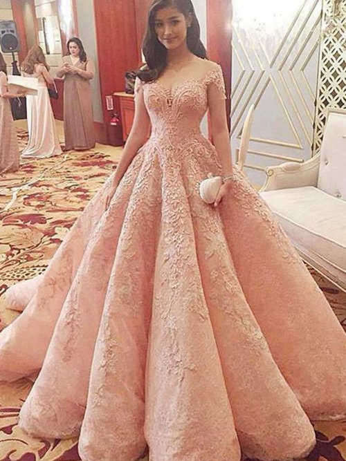 Princess Off Shoulder Sweep Train Lace Wedding Dress