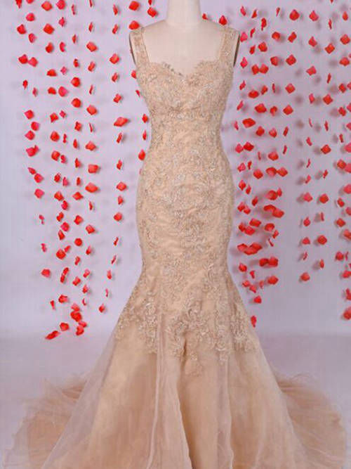 Mermaid Straps Brush Train Organza Lace Wedding Dress