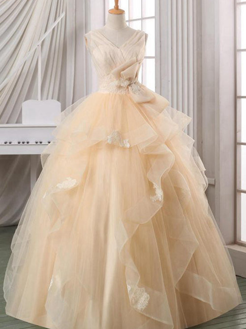 Princess V Neck Floor Length Organza Wedding Dress