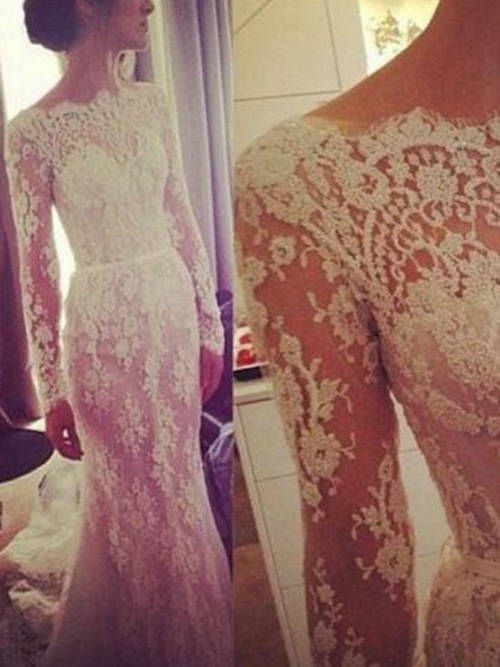 Mermaid Bateau Sweep Train Lace Sleeves Wedding Dress
