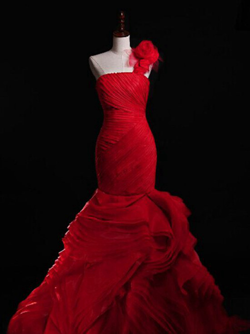 Mermaid One Shoulder Sweep Train Chiffon Red Wedding Dress