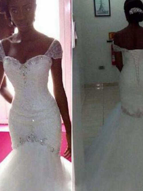 Mermaid Straps Court Train Organza Wedding Dress Beading