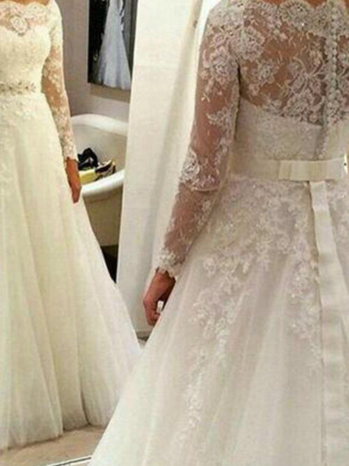 A-line Bateau Brush Train Long Lace Sleeves Wedding Dress