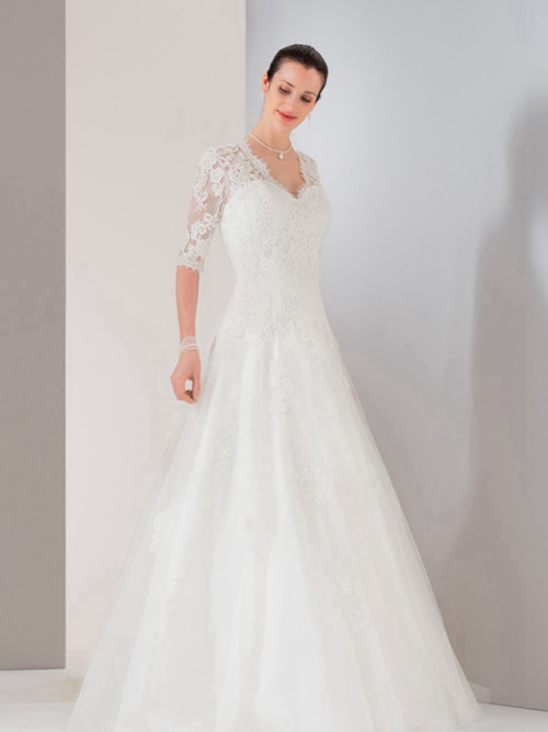 A-line V Neck Sweep Train 1/2 Sleeves Wedding Dress With Lace