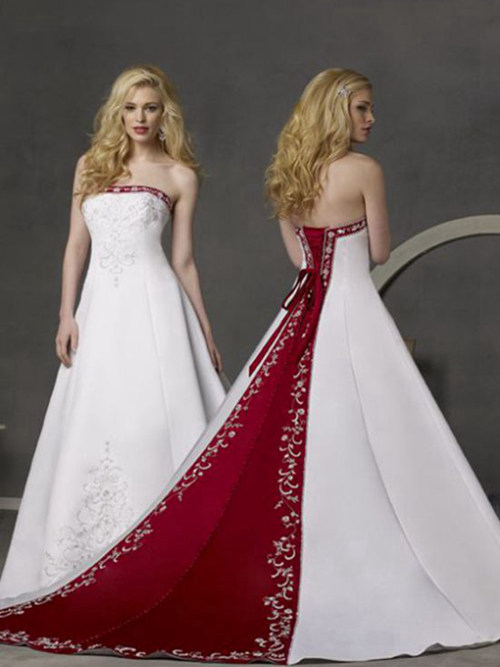A-line Strapless Court Train Satin Wedding Dress Embrodiery