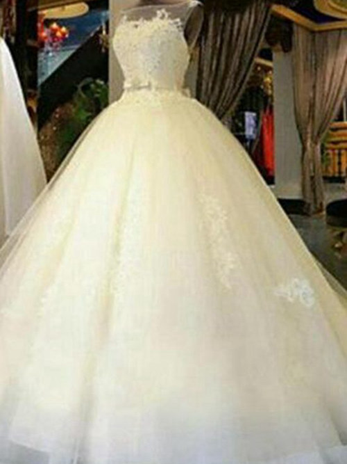 A-line Sheer Brush Train Organza Wedding Dress Applique