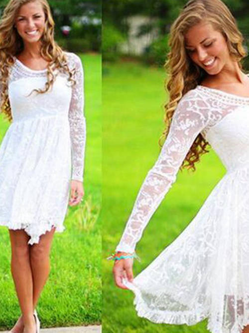 Sheath Scoop Knee Length Lace Long Sleeves Wedding Dress