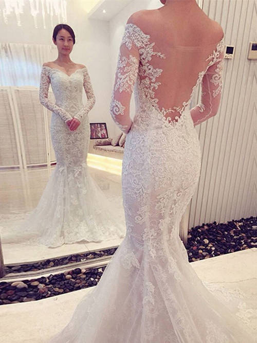 Mermaid Off Shoulder Lace Sleeves Wedding Dress 2019