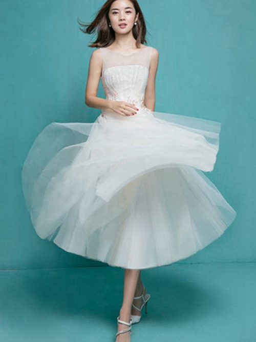 A-line Sheer Tea Length Organza Wedding Dress
