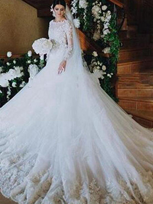 A-line Jewel Chapel Train Organza Wedding Dress Applique