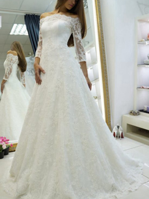 A-line Off Shoulder Brush Train Lace Wedding Wear