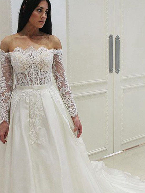 A-line Off Shoulder Court Train Chiffon Lace Wedding Gown
