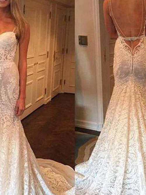Mermaid Spaghetti Straps Court Train Lace Wedding Dress