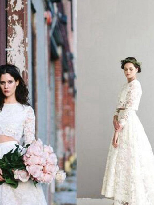 A-line Jewel High Low Lace Two Piece Wedding Dress