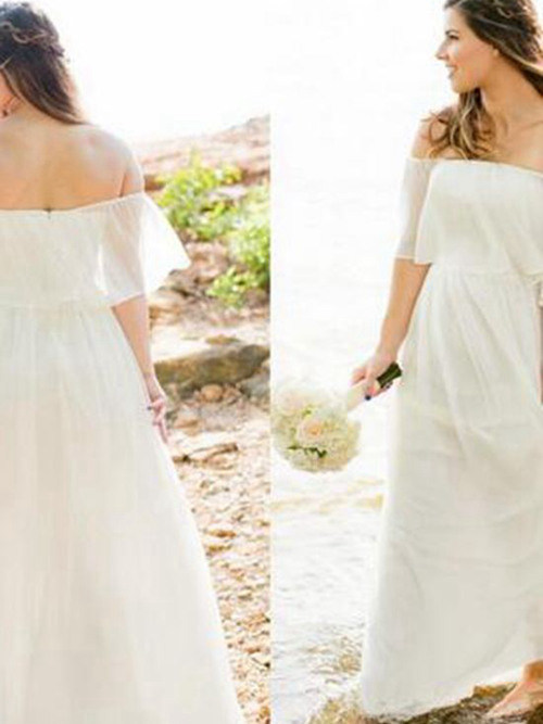 A-line Off Shoulder Ankle Length Chiffon Wedding Dress