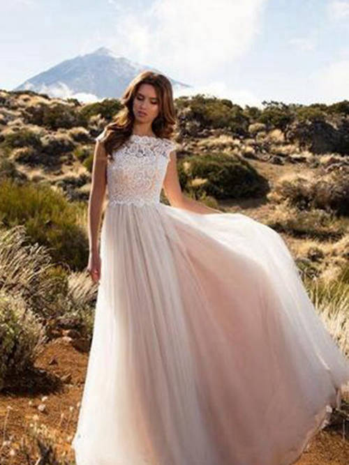 A-line Bateau Floor Length Organza Lace Pink Wedding Dress