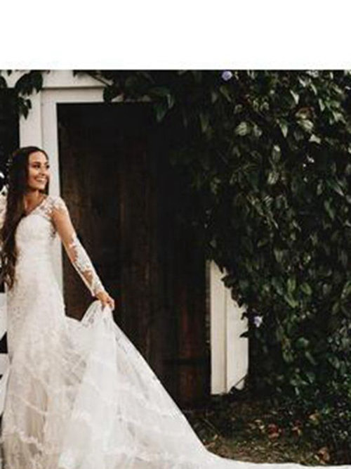 Sheath V Neck Chapel Train Lace Bridal Dress Long Sleeves