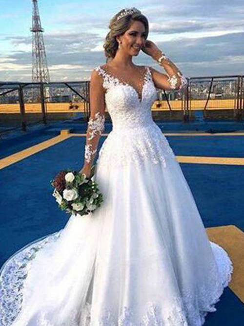 A-line V Neck Sweep Train Organza Wedding Dress Lace