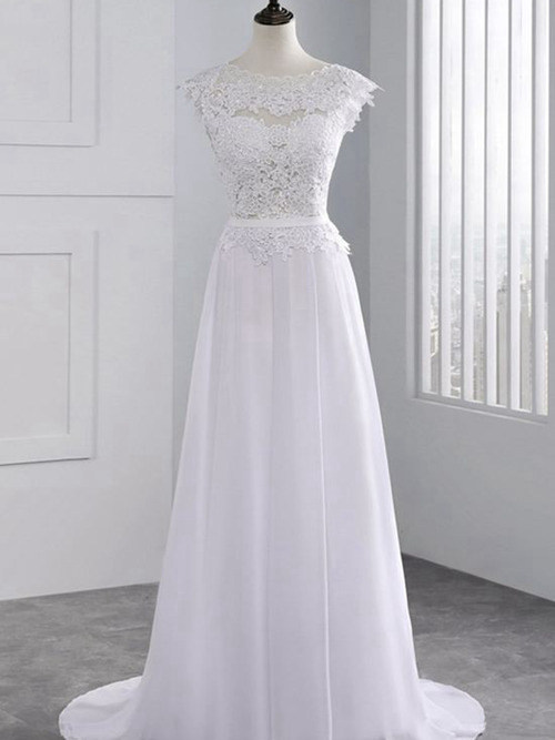 A-line Scoop Sweep Train Chiffon Lace Wedding Dress