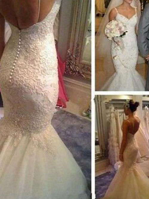 Mermaid Spaghetti Straps Court Train Organza Wedding Dress Appli