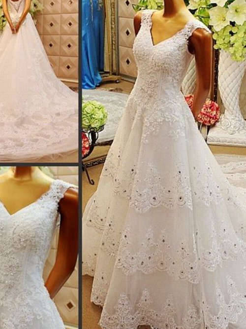 A-line V Neck Chapel Train Organza Wedding Dress Lace