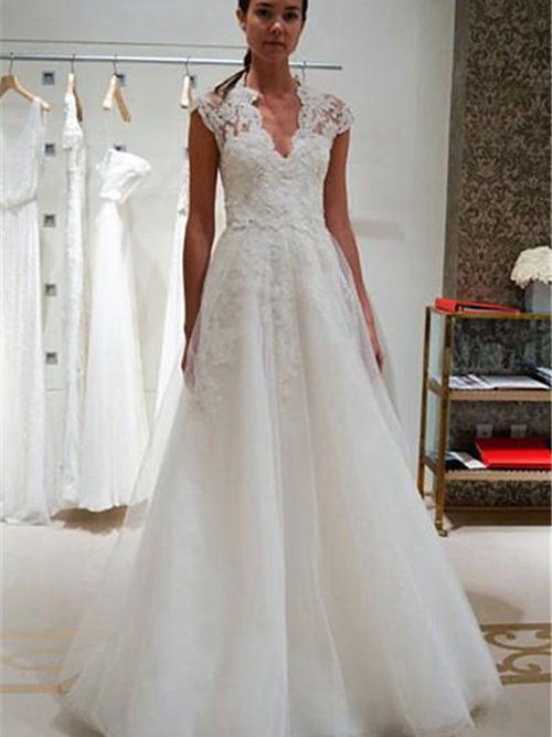 A-line V Neck Sweep Train Lace Organza Wedding Dress