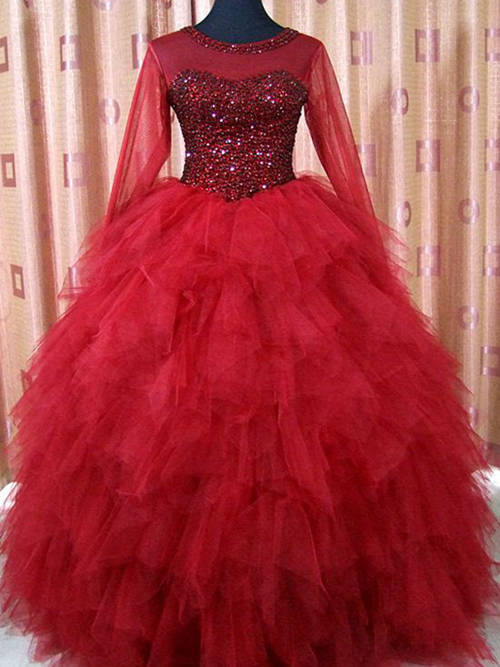Princess Sheer Floor Length Organza Red Wedding Dress Sequins