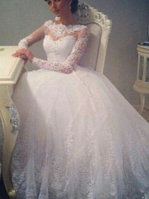 A-line Bateau Sweep Train Lace Sleeves Wedding Gown