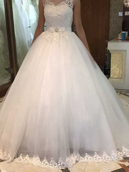 A-line Sheer Court Train Organza Wedding Dress Applique