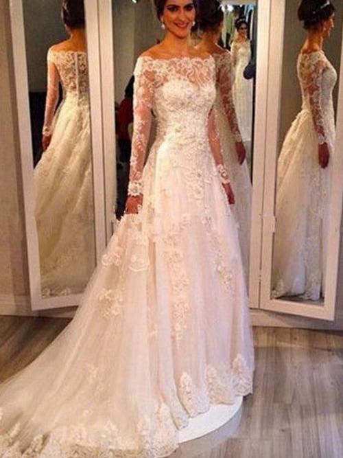 A-line Off Shoulder Court Train Lace Bridal Dress