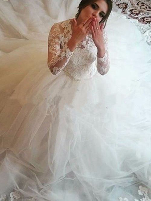A-line Sheer Court Train Organza Wedding Dress Lace