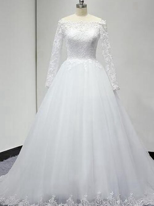 A-line Off Shoulder Sweep Train Organza Lace Bridal Wear
