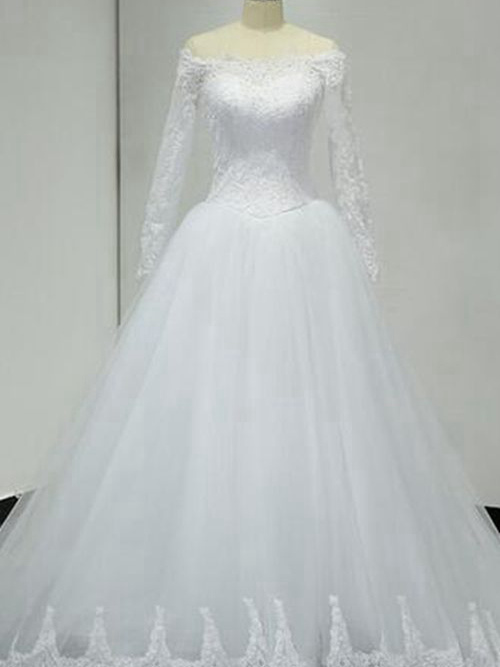 A-line Off Shoulder Court Train Organza Lace Wedding Dress