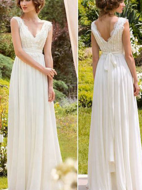 A-line V Neck Floor Length Chiffon Wedding Dress